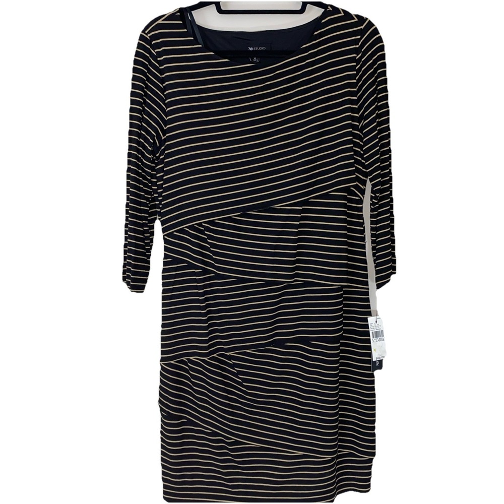 AB Studio Striped Asymmetrical Tiered Dress‎ Womens Size XL Black 3/4 Sleeve